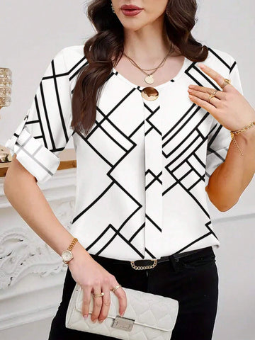 Clasi Women's Casual Geometric Print Roll Up Sleeve Blouse, Autumn