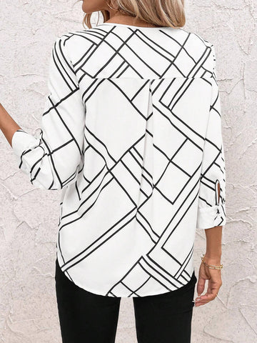 Clasi Women's Casual Geometric Print Roll Up Sleeve Blouse, Autumn