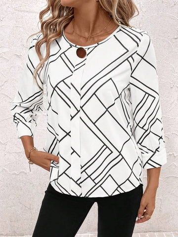 Clasi Women's Casual Geometric Print Roll Up Sleeve Blouse, Autumn
