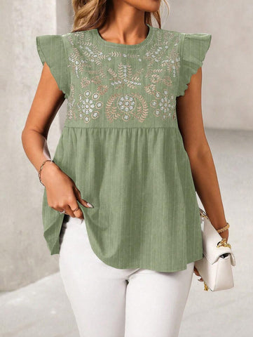 Clasi Women's Casual Holiday Embroidered Cap Sleeve Loose Blouse