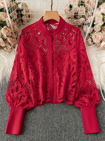 Clasi Women's Casual Hollow-Out Water-Soluble Lace Front Button Decorated Blouse, Autumn
