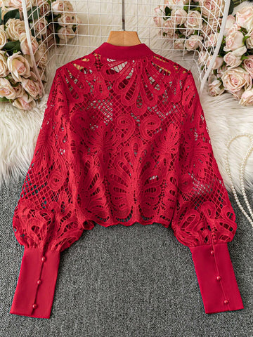 Clasi Women's Casual Hollow-Out Water-Soluble Lace Front Button Decorated Blouse, Autumn