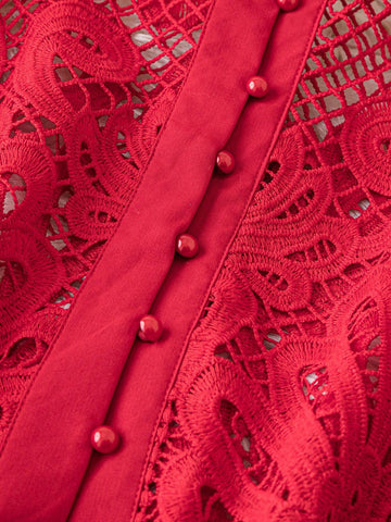 Clasi Women's Casual Hollow-Out Water-Soluble Lace Front Button Decorated Blouse, Autumn