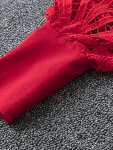 Clasi Women's Casual Hollow-Out Water-Soluble Lace Front Button Decorated Blouse, Autumn