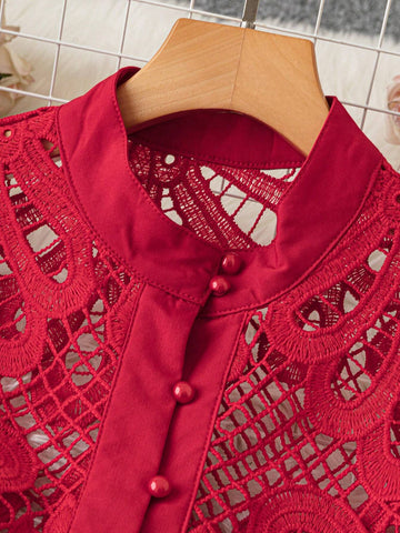 Clasi Women's Casual Hollow-Out Water-Soluble Lace Front Button Decorated Blouse, Autumn