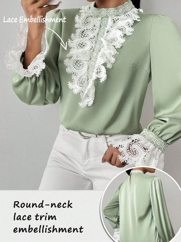 Clasi Women's Casual Lace Trim Puff Sleeve Blouse