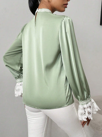 Clasi Women's Casual Lace Trim Puff Sleeve Blouse