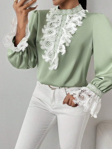 Clasi Women's Casual Lace Trim Puff Sleeve Blouse
