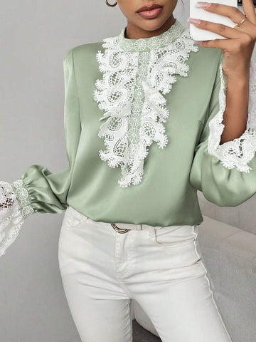 Clasi Women's Casual Lace Trim Puff Sleeve Blouse