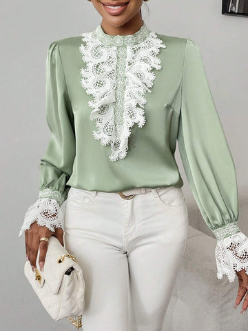 Clasi Women's Casual Lace Trim Puff Sleeve Blouse