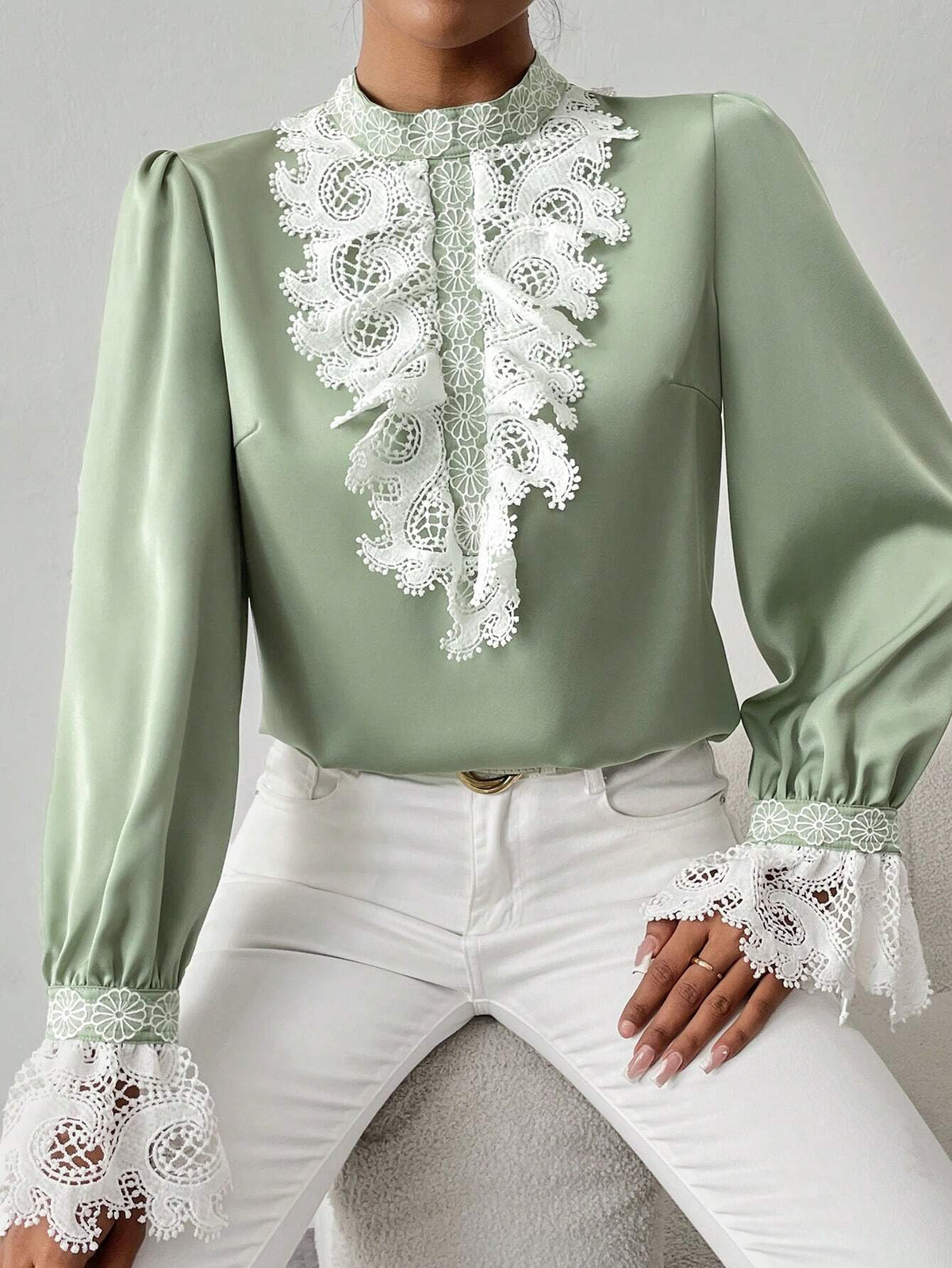 Clasi Women's Casual Lace Trim Puff Sleeve Blouse