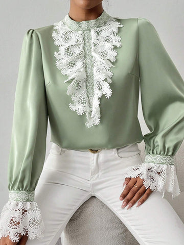 Clasi Women's Casual Lace Trim Puff Sleeve Blouse