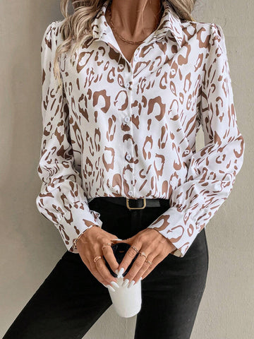 Clasi Women's Casual Leopard Print Puff Sleeve Blouse, Autumn