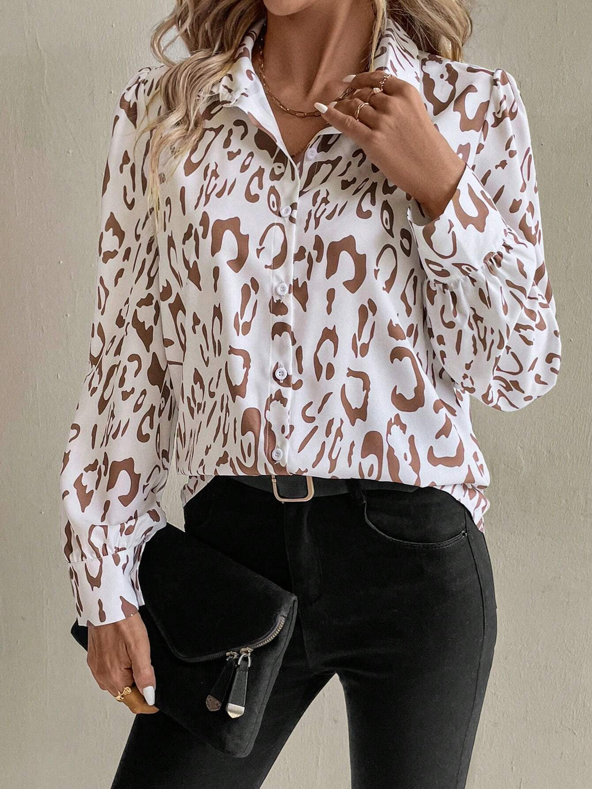 Clasi Women's Casual Leopard Print Puff Sleeve Blouse, Autumn