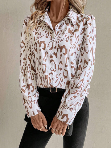 Clasi Women's Casual Leopard Print Puff Sleeve Blouse, Autumn