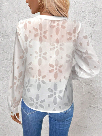 Clasi Women's Casual Notched Neck Cutout Embroidered Long Sleeve Shirt, Autumn