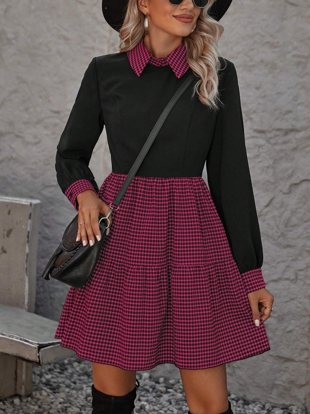 Women's Casual Plaid Panel Waist Cinching Long Sleeve Dress, Autumn
