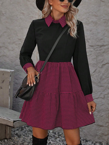 Women's Casual Plaid Panel Waist Cinching Long Sleeve Dress, Autumn