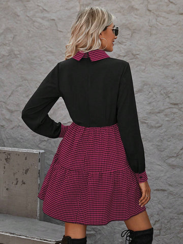 Women's Casual Plaid Panel Waist Cinching Long Sleeve Dress, Autumn