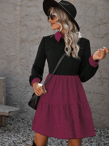 Women's Casual Plaid Panel Waist Cinching Long Sleeve Dress, Autumn