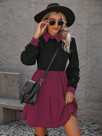 Women's Casual Plaid Panel Waist Cinching Long Sleeve Dress, Autumn