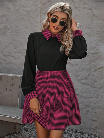 Women's Casual Plaid Panel Waist Cinching Long Sleeve Dress, Autumn