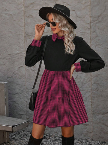 Women's Casual Plaid Panel Waist Cinching Long Sleeve Dress, Autumn