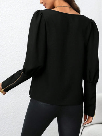 Clasi Women's Casual Puff Sleeve Metallic Zipper Design Shirt, Suitable For Autumn