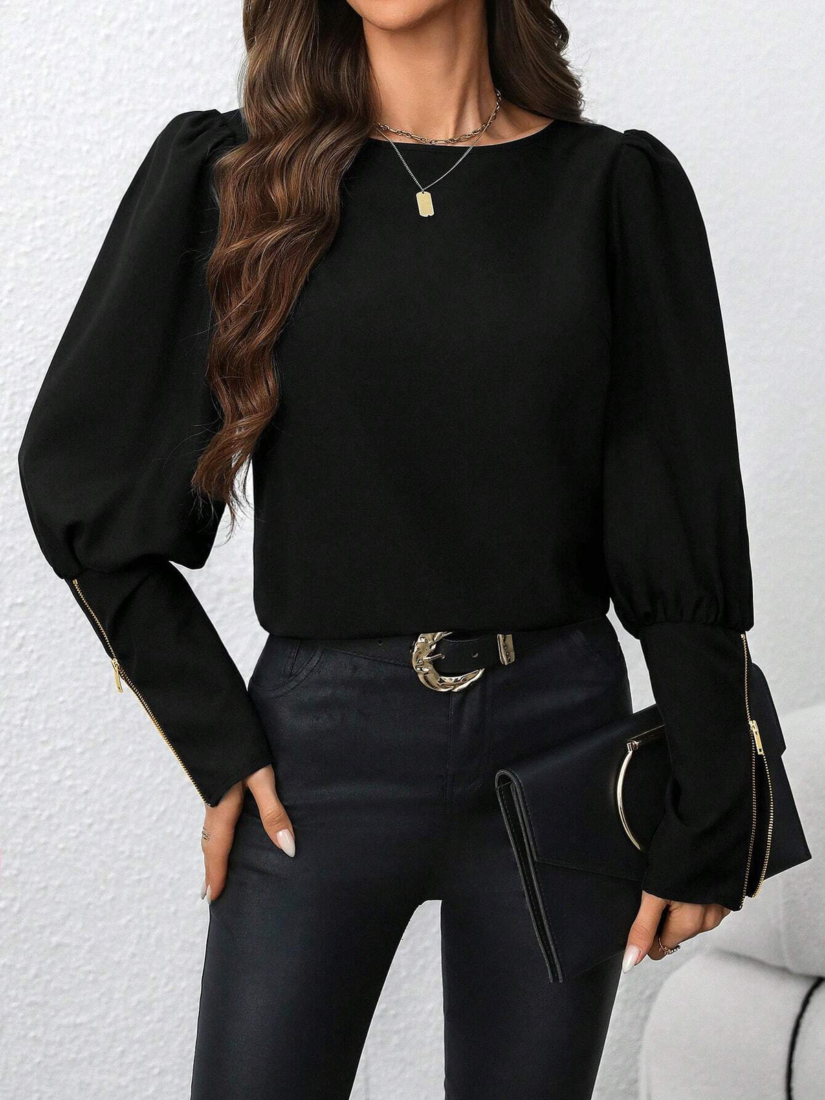 Clasi Women's Casual Puff Sleeve Metallic Zipper Design Shirt, Suitable For Autumn