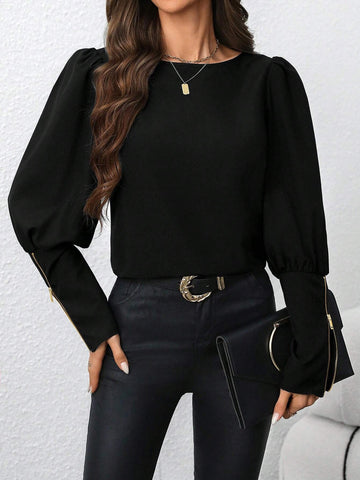 Clasi Women's Casual Puff Sleeve Metallic Zipper Design Shirt, Suitable For Autumn