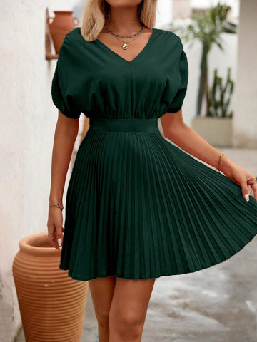 Women's Casual Solid Color Batwing Sleeve Pleated Hem Dress, Summer