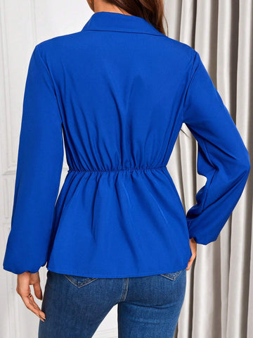 Clasi Women's Casual Solid Color Wrap Around Blouse, Spring & Autumn