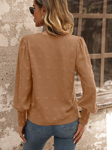 Clasi Women's Casual Swiss Dot Print Round Neck Long Sleeve Shirt For Autumn