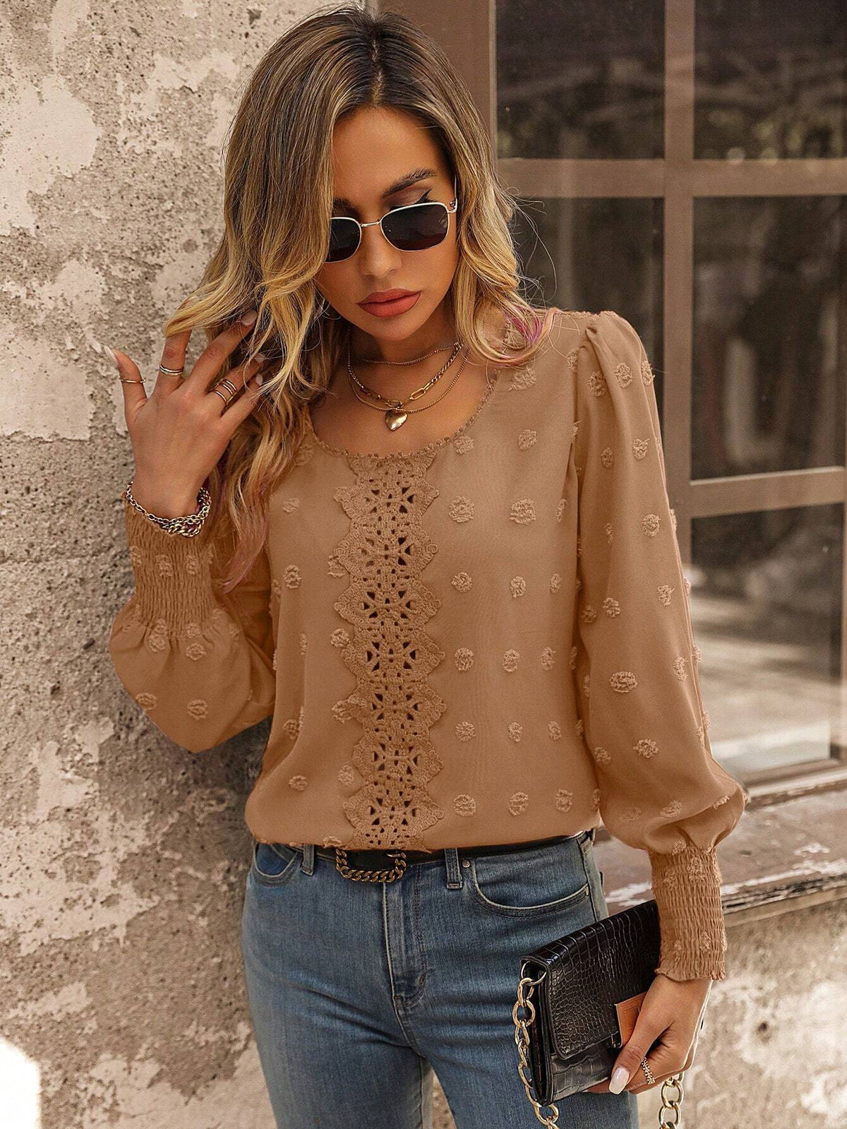 Clasi Women's Casual Swiss Dot Print Round Neck Long Sleeve Shirt For Autumn