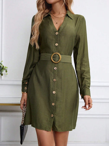 Women's Casual, Travel, Work V-Neck Buttoned Front Round Wood Buckle Short Sleeve Dress, Spring And Autumn