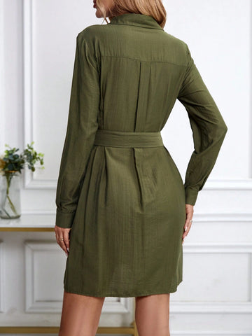 Women's Casual, Travel, Work V-Neck Buttoned Front Round Wood Buckle Short Sleeve Dress, Spring And Autumn