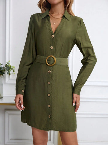 Women's Casual, Travel, Work V-Neck Buttoned Front Round Wood Buckle Short Sleeve Dress, Spring And Autumn