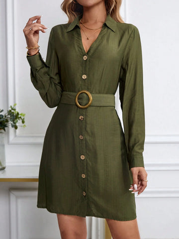 Women's Casual, Travel, Work V-Neck Buttoned Front Round Wood Buckle Short Sleeve Dress, Spring And Autumn