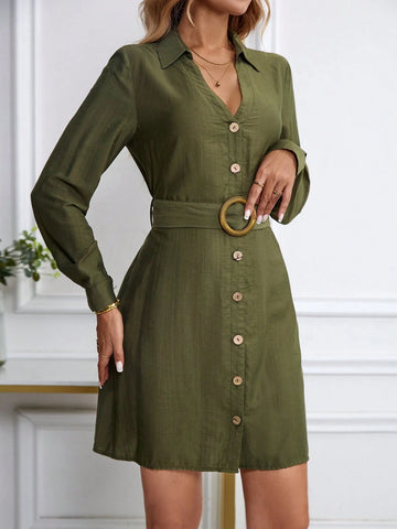 Women's Casual, Travel, Work V-Neck Buttoned Front Round Wood Buckle Short Sleeve Dress, Spring And Autumn