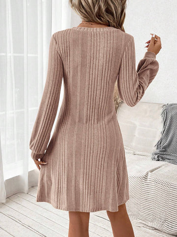 Women's Casual V-Neck Ribbed Solid Color Dress, For Autumn Everyday Wear