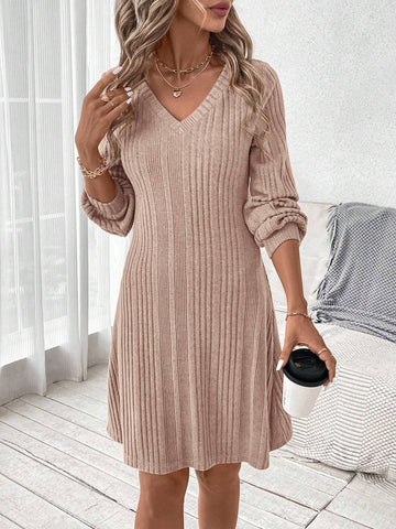Women's Casual V-Neck Ribbed Solid Color Dress, For Autumn Everyday Wear