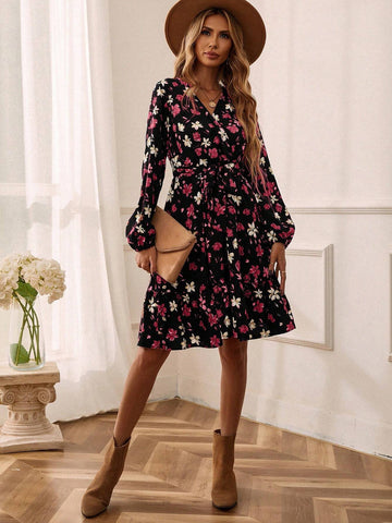 Women's Casual Vacation Style All-Over Floral Print Surplice Neck Lantern Sleeve Tie Waist Dress