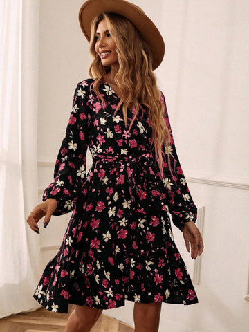 Women's Casual Vacation Style All-Over Floral Print Surplice Neck Lantern Sleeve Tie Waist Dress