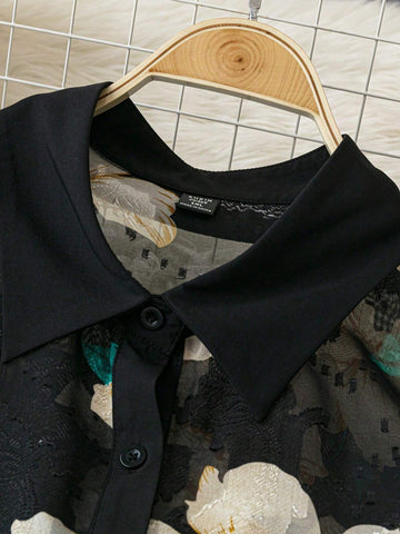 Clasi Women's Chiffon Cutwork Patchwork Front Button Regular Elegant Blouse