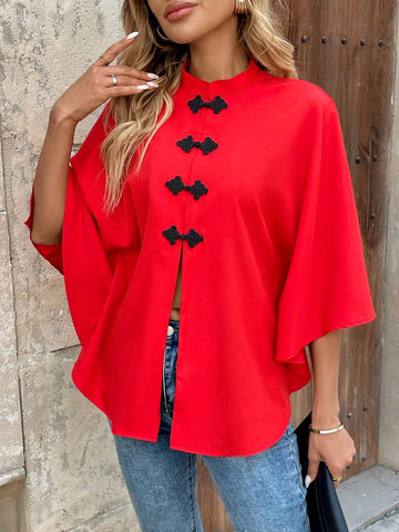 Clasi Women's Chinese Style Cloak Buttoned Poncho Blouse