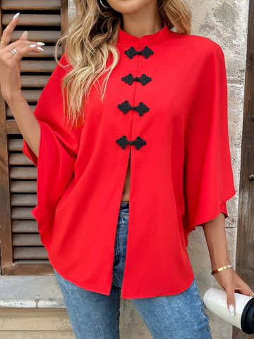 Clasi Women's Chinese Style Cloak Buttoned Poncho Blouse