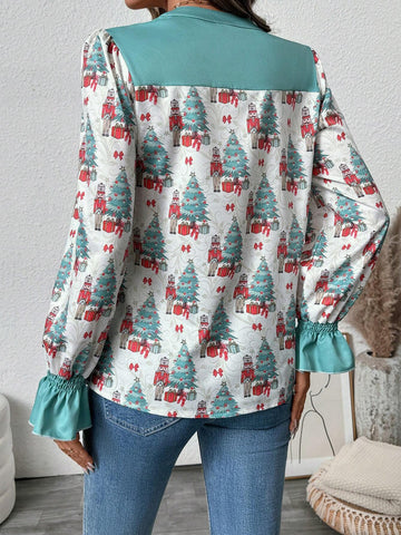 Clasi Women's Christmas Tree Print V-Neck Flare Sleeve Blouse, Autumn