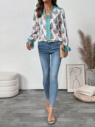 Clasi Women's Christmas Tree Print V-Neck Flare Sleeve Blouse, Autumn