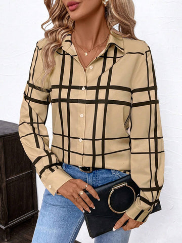 Clasi Women's Collared Button-Up Shirt With Black Striped Plaid Pattern, Long Sleeve, Khaki Color, Elegant City Commute Style Suitable For Spring, Autumn And Winter