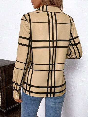 Clasi Women's Collared Button-Up Shirt With Black Striped Plaid Pattern, Long Sleeve, Khaki Color, Elegant City Commute Style Suitable For Spring, Autumn And Winter